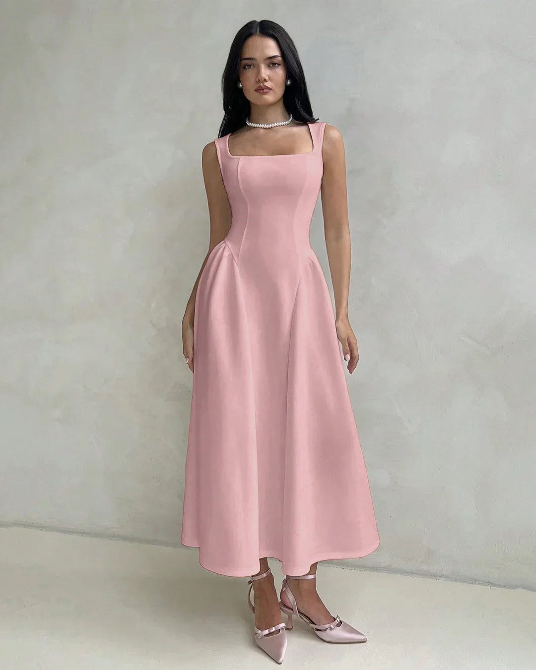 Square Neck Sleeveless Fit & Flare Midi Dress in Dusty Pink