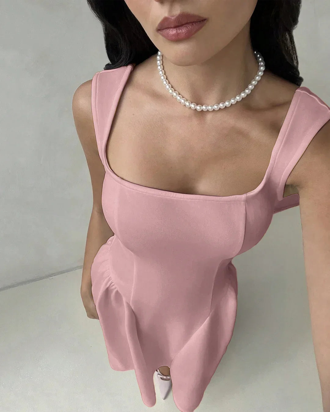 Square Neck Sleeveless Fit & Flare Midi Dress in Dusty Pink