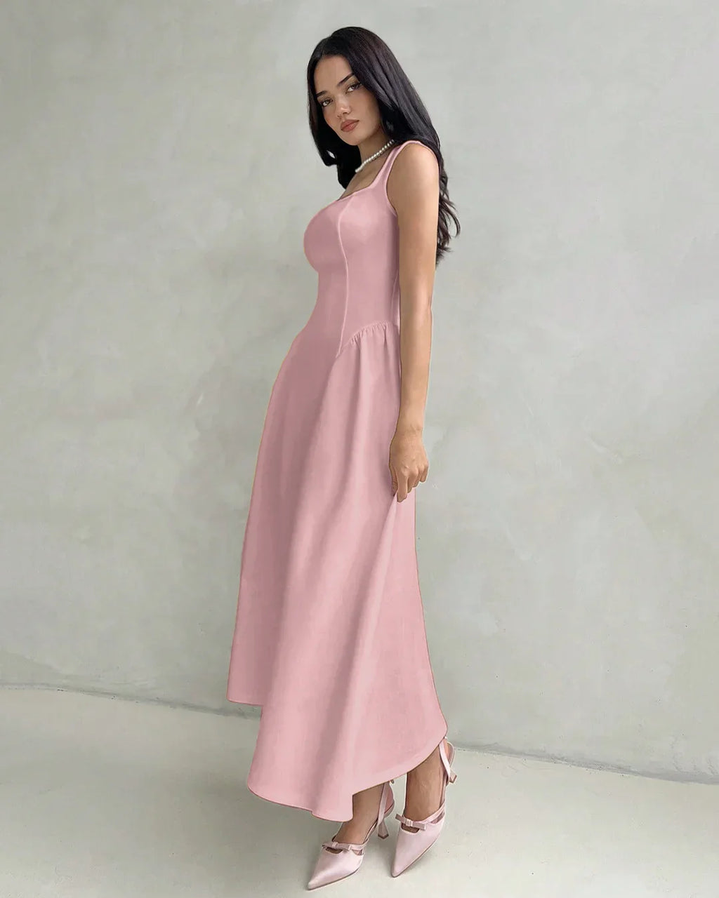 Square Neck Sleeveless Fit & Flare Midi Dress in Dusty Pink