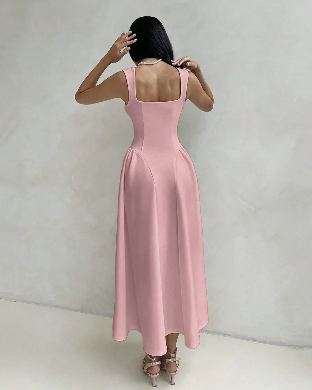 Square Neck Sleeveless Fit & Flare Midi Dress in Dusty Pink