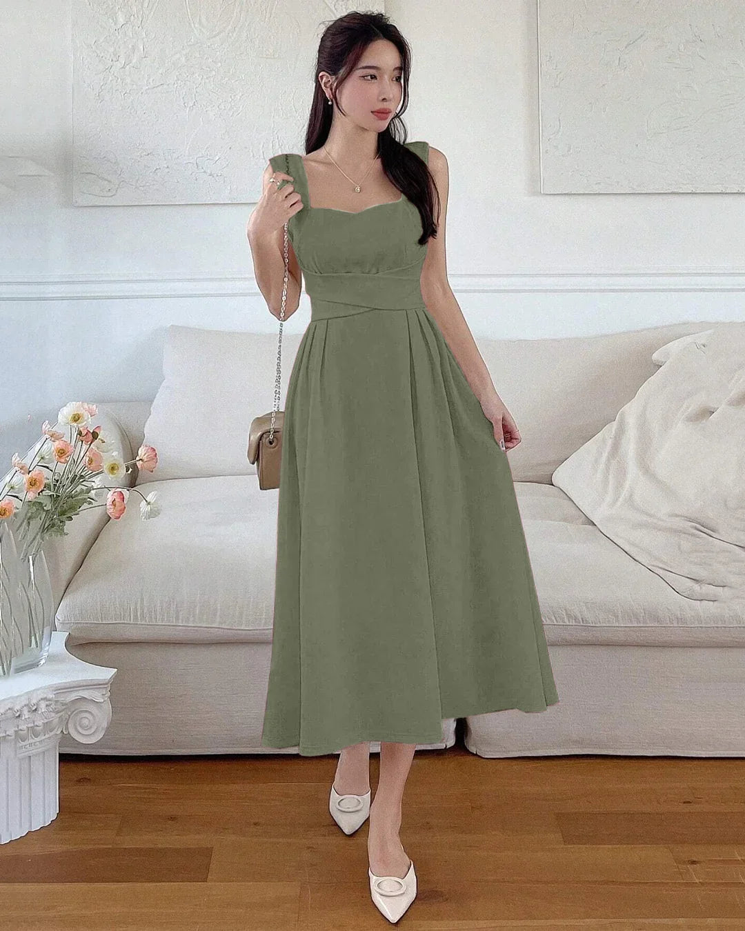 Square Neck Sleeveless Sundress Midi Dress in Green