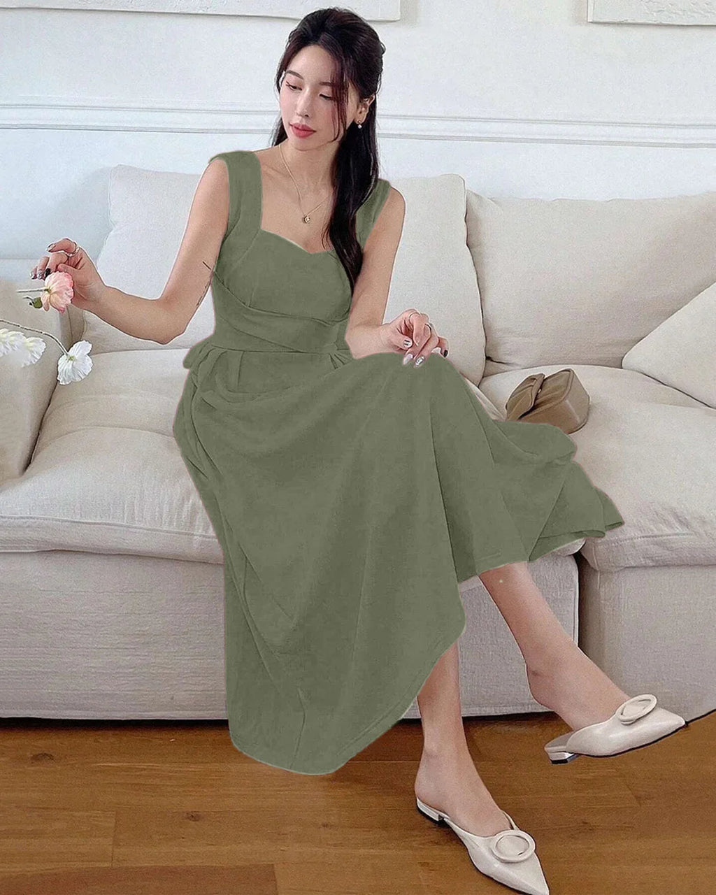 Square Neck Sleeveless Sundress Midi Dress in Green