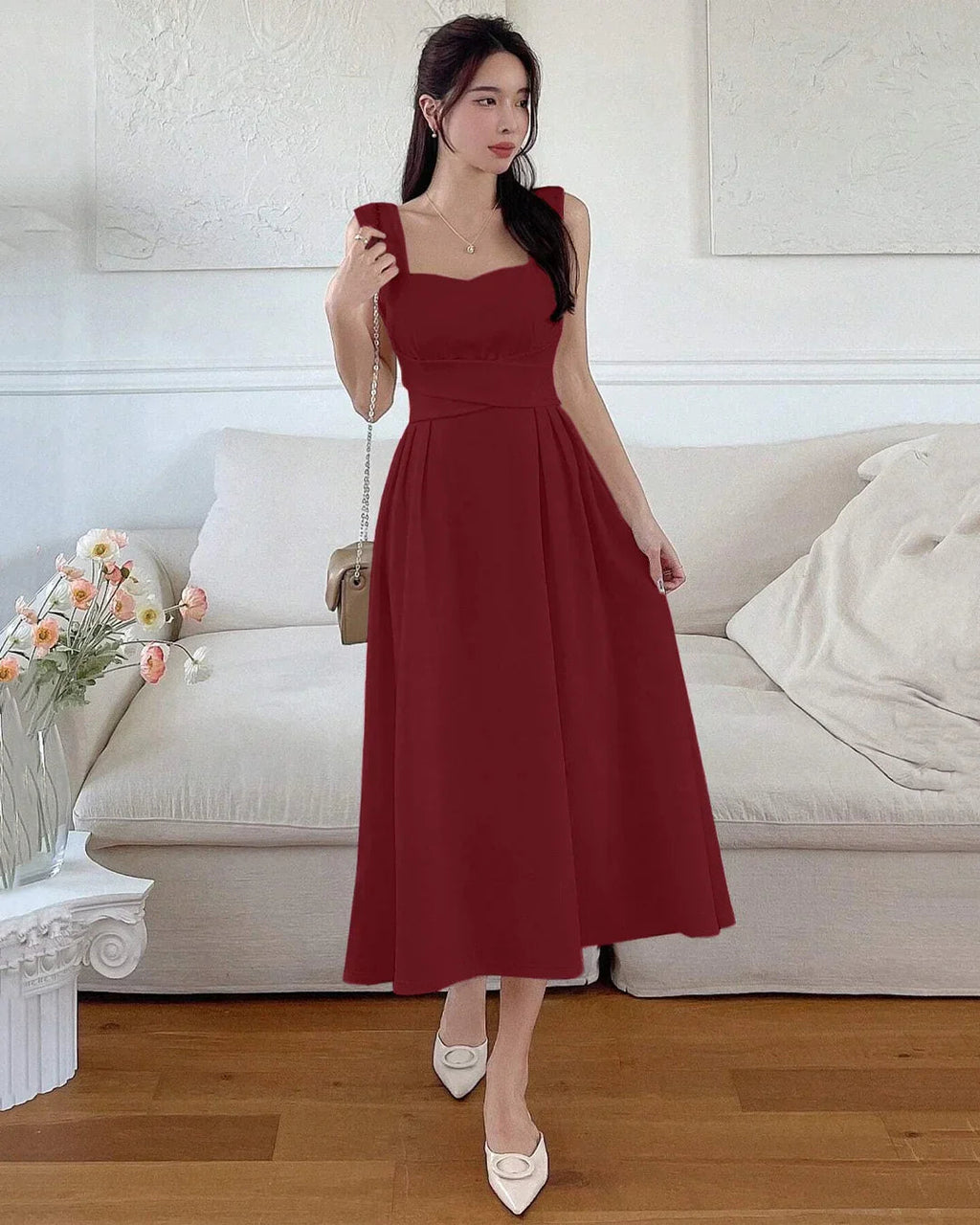 Square Neck Sleeveless Sundress Midi Dress in Maroon
