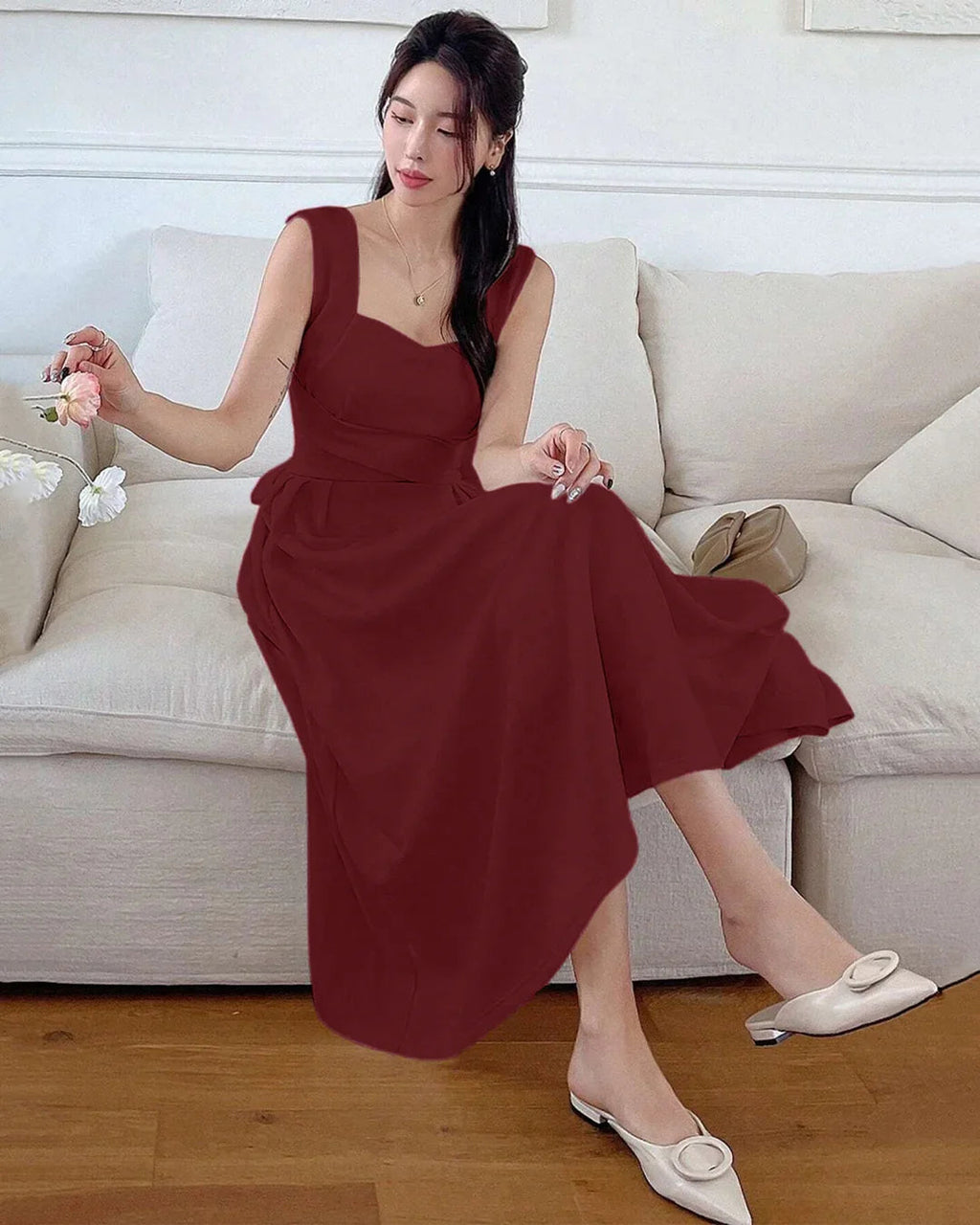 Square Neck Sleeveless Sundress Midi Dress in Maroon