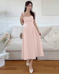 Square Neck Sleeveless Sundress Midi Dress in Powder Pink
