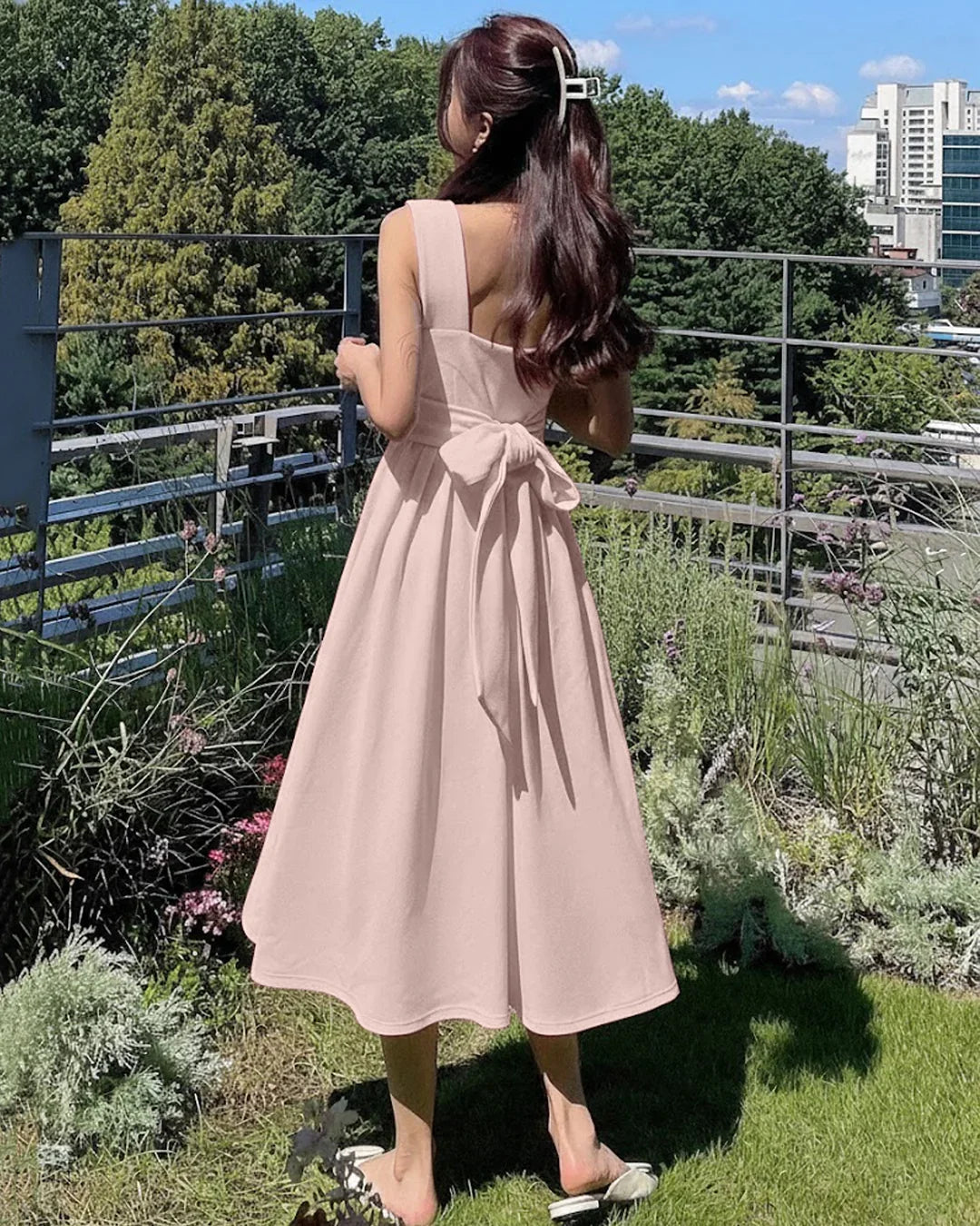 Square Neck Sleeveless Sundress Midi Dress in Powder Pink