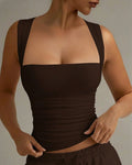 Square Neck Slim-Fit Straight Hem Solid Sleeveless Tank Top in Brown