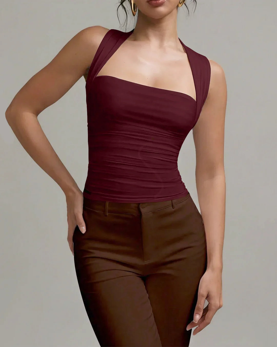 Square Neck Slim-Fit Straight Hem Solid Sleeveless Tank Top in Maroon