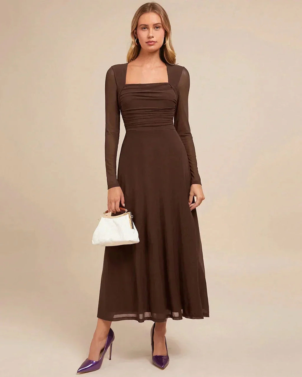 Square Neck Slim Fit Flared Hem Solid Long Sleeve Midi Dress