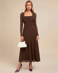 Square Neck Slim Fit Flared Hem Solid Long Sleeve Midi Dress