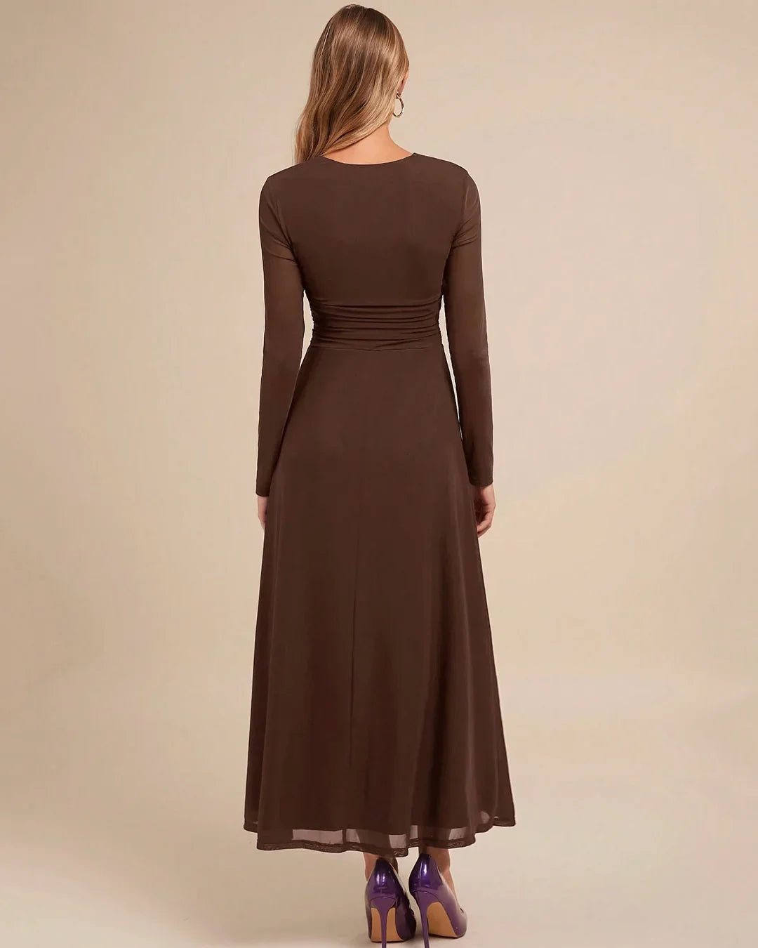 Square Neck Slim Fit Flared Hem Solid Long Sleeve Midi Dress
