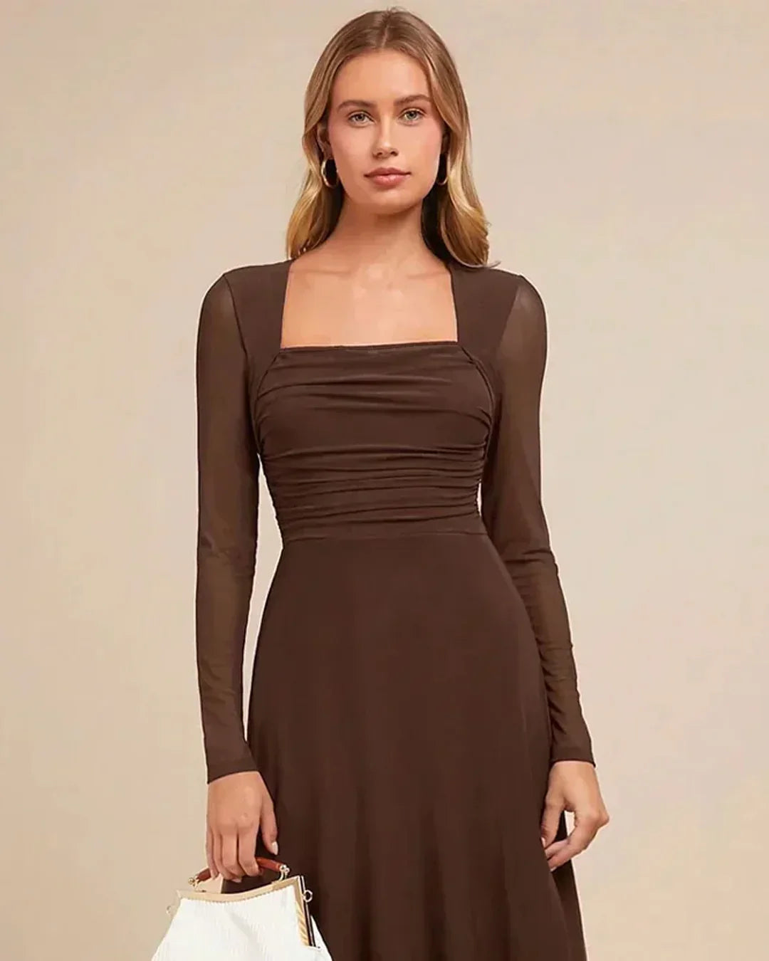 Square Neck Slim Fit Flared Hem Solid Long Sleeve Midi Dress