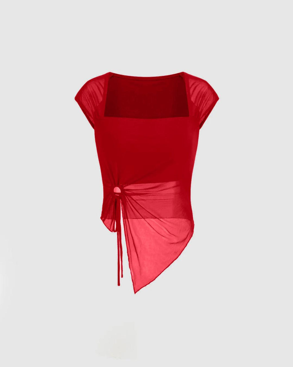 Square Neck Solid O-ring Short Sleeve Red Mesh Top