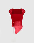 Square Neck Solid O-ring Short Sleeve Red Mesh Top