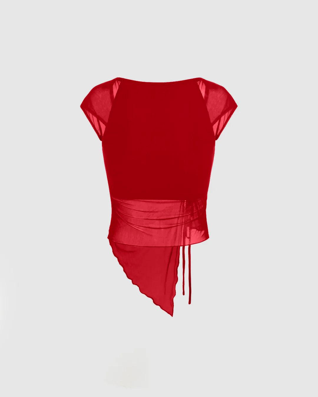 Square Neck Solid O-ring Short Sleeve Red Mesh Top