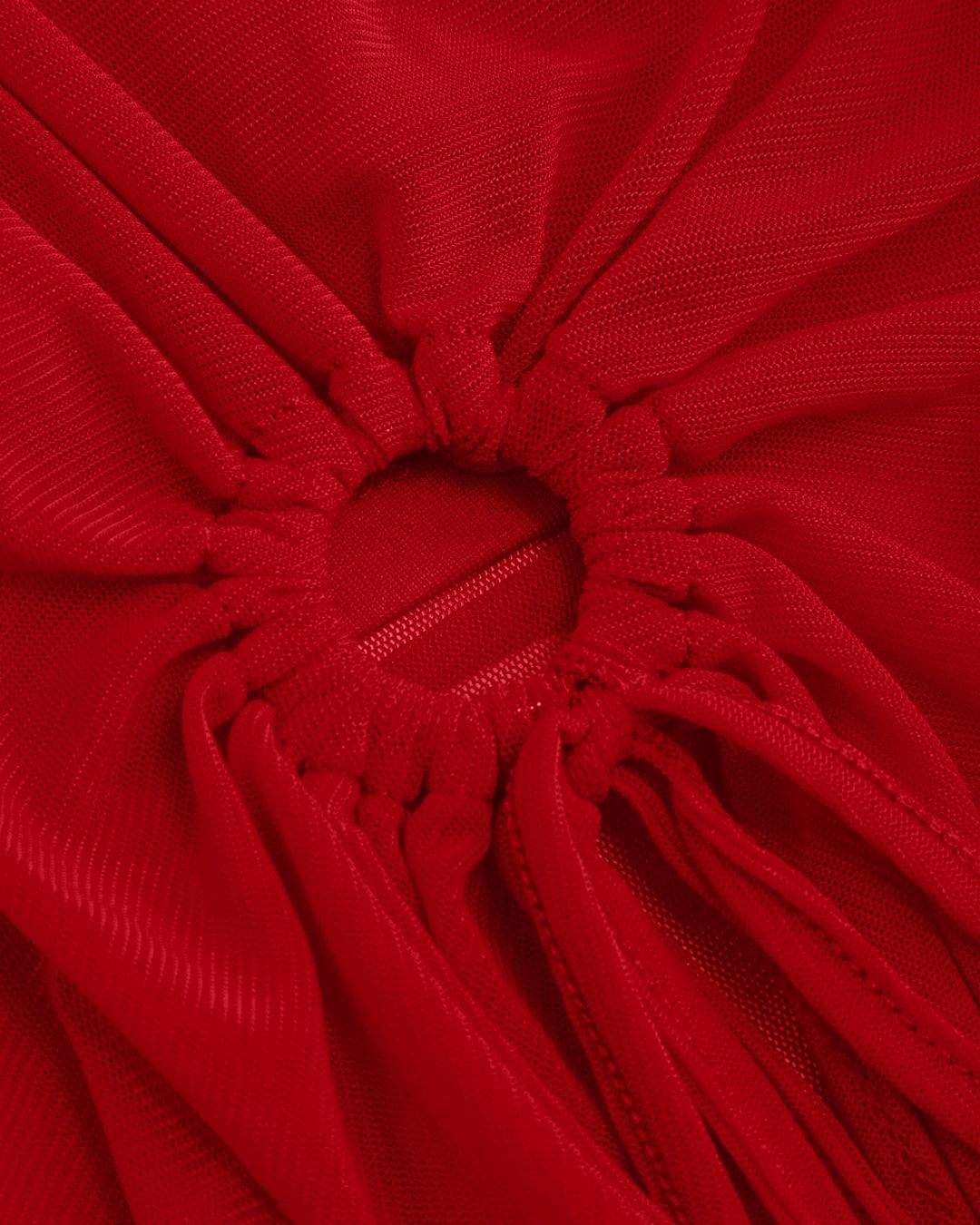 Square Neck Solid O-ring Short Sleeve Red Mesh Top