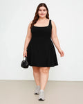 Square Neck Solid Pleated Cami Black Mini Dress Curve & Plus