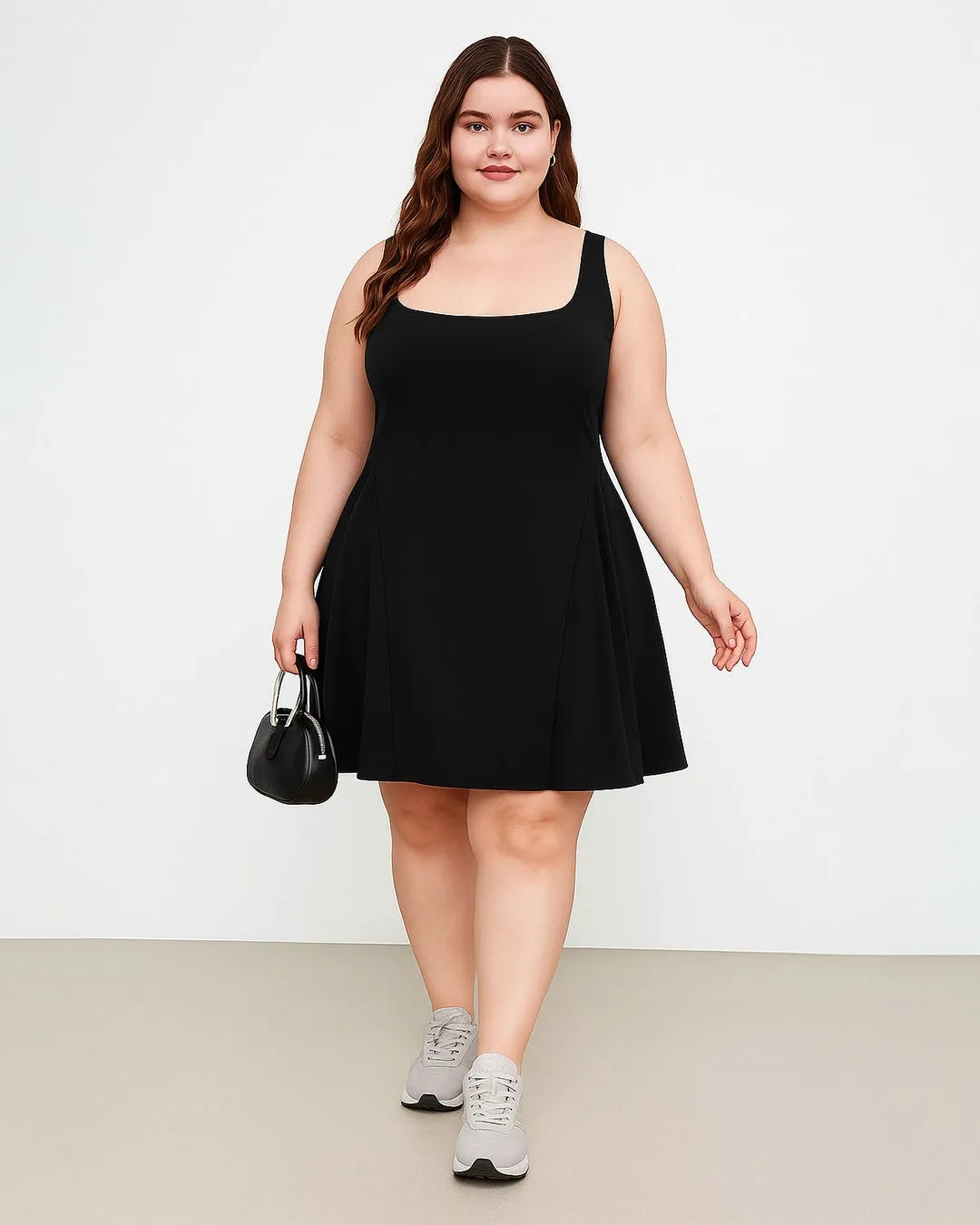Square Neck Solid Pleated Cami Black Mini Dress Curve & Plus