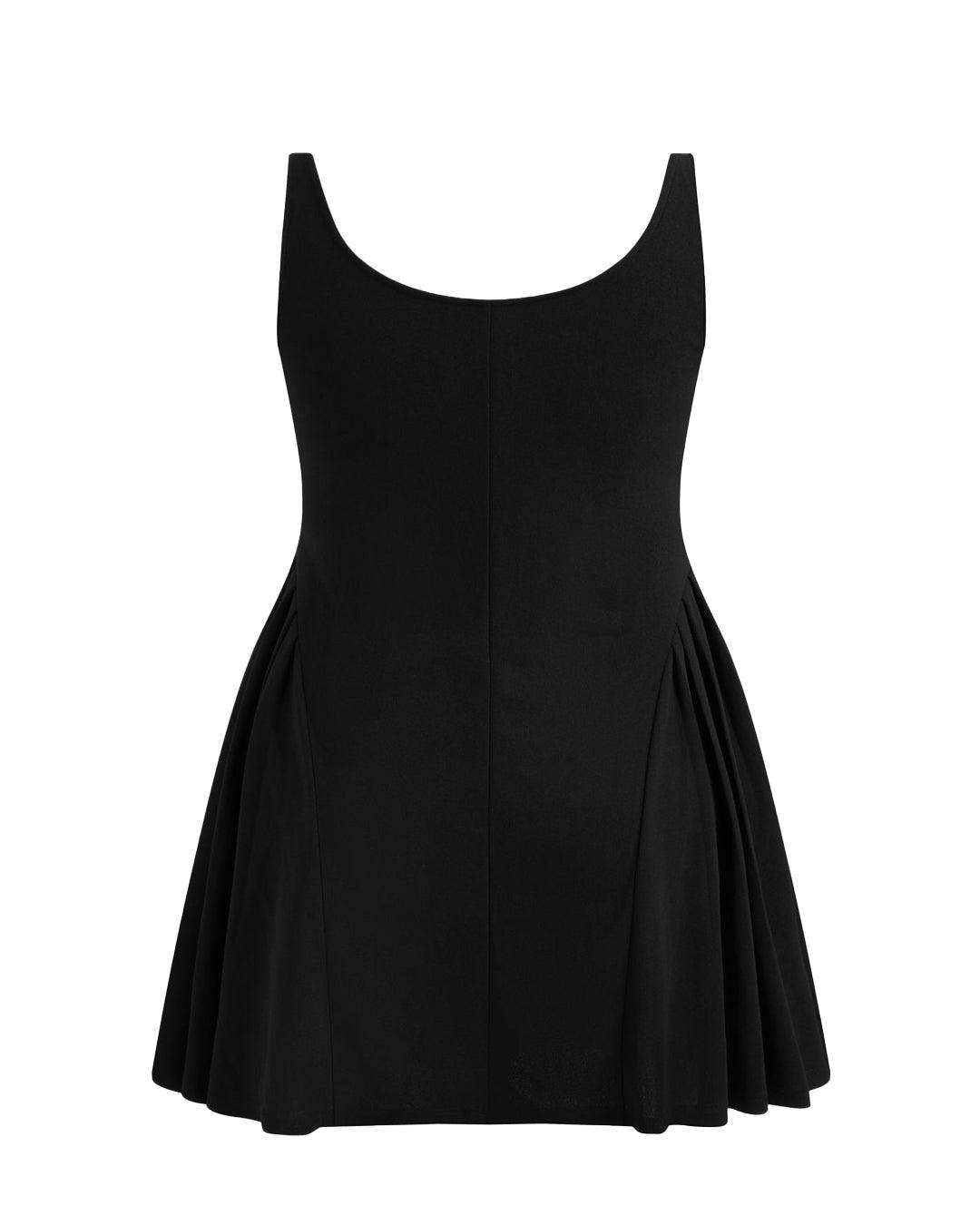 Square Neck Solid Pleated Cami Black Mini Dress Curve & Plus