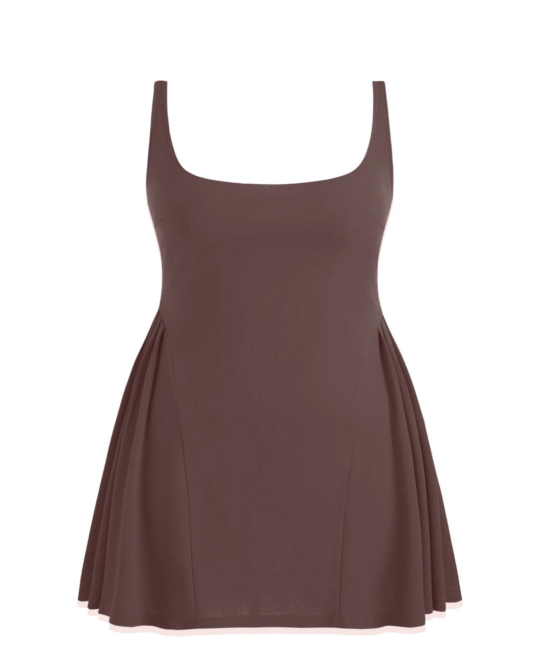 Square Neck Solid Pleated Cami Brown Mini Dress Curve & Plus