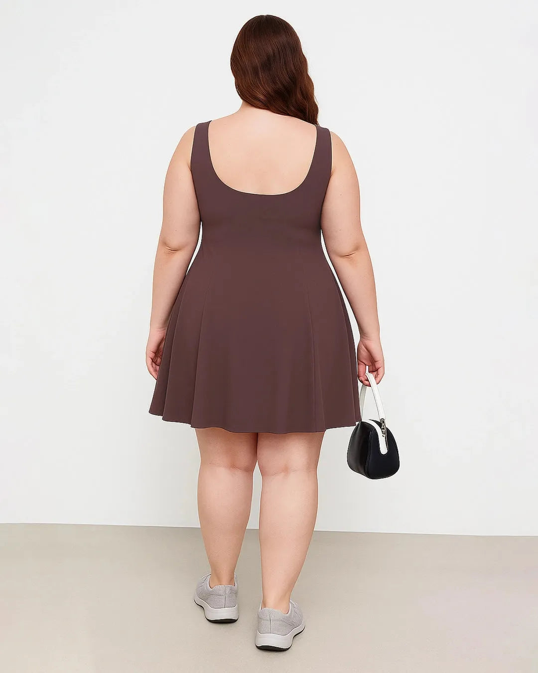 Square Neck Solid Pleated Cami Brown Mini Dress Curve & Plus