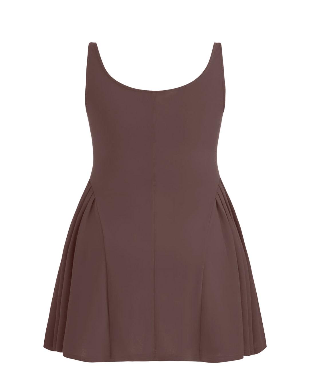 Square Neck Solid Pleated Cami Brown Mini Dress Curve & Plus