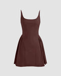 Square Neck Solid Pleated Cami Chocolate Mini Dress