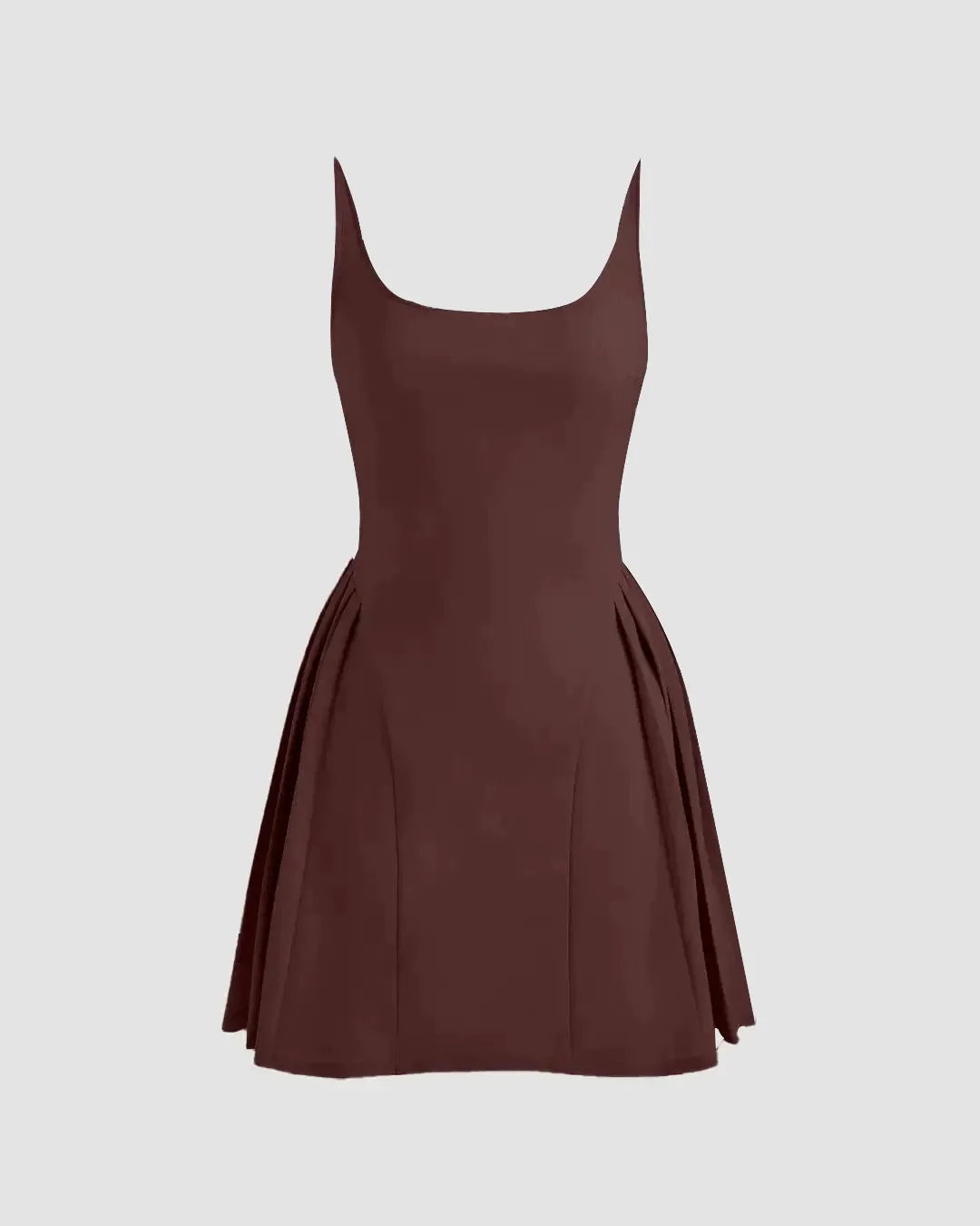 Square Neck Solid Pleated Cami Chocolate Mini Dress