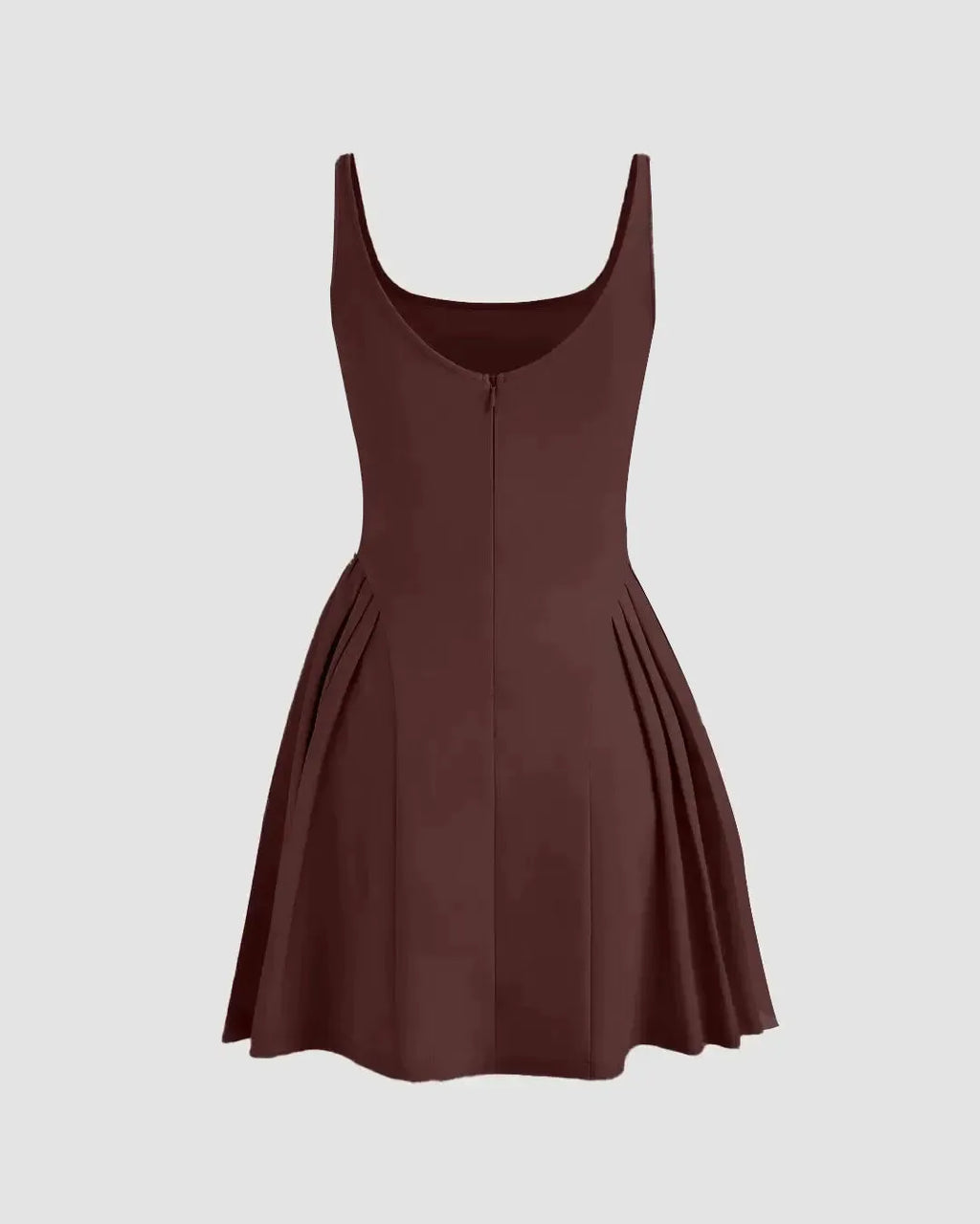 Square Neck Solid Pleated Cami Chocolate Mini Dress