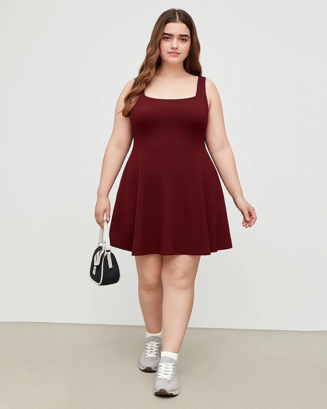 Square Neck Solid Pleated Cami Mini Dress Curve & Plus In Maroon
