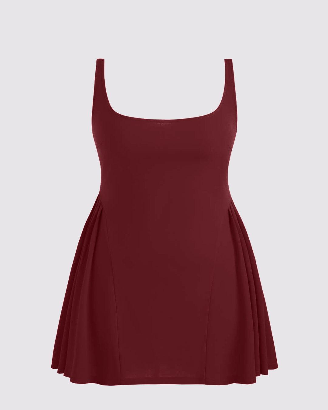 Square Neck Solid Pleated Cami Mini Dress Curve & Plus In Maroon