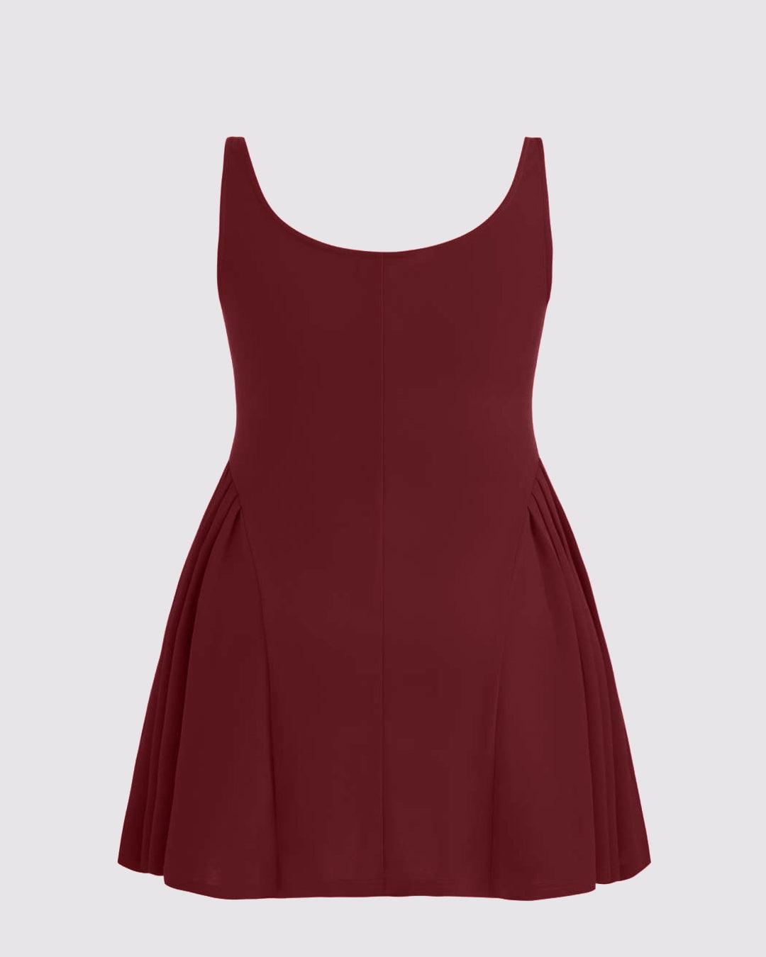 Square Neck Solid Pleated Cami Mini Dress Curve & Plus In Maroon