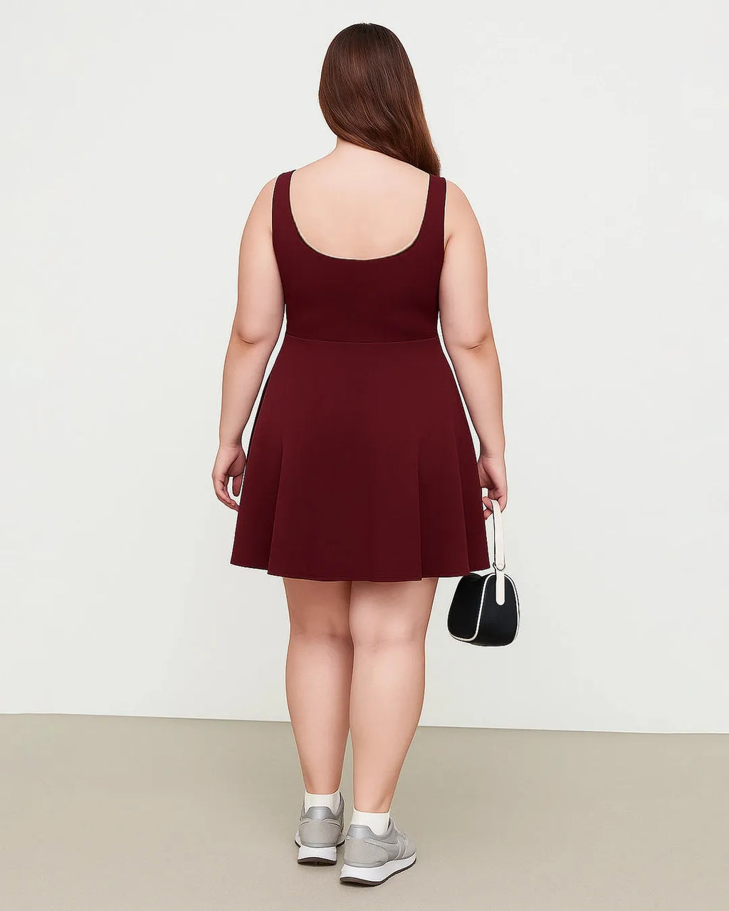 Square Neck Solid Pleated Cami Mini Dress Curve & Plus In Maroon