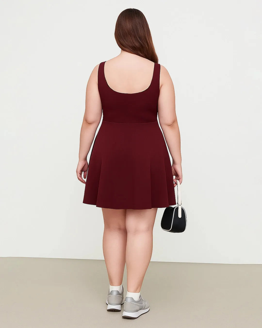 Square Neck Solid Pleated Cami Mini Dress Curve & Plus In Maroon