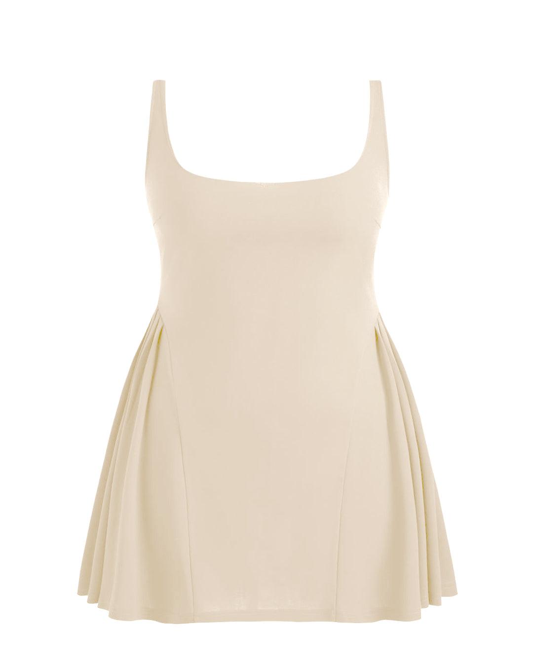 Square Neck Solid Pleated Cami Off-White Mini Dress Curve & Plus