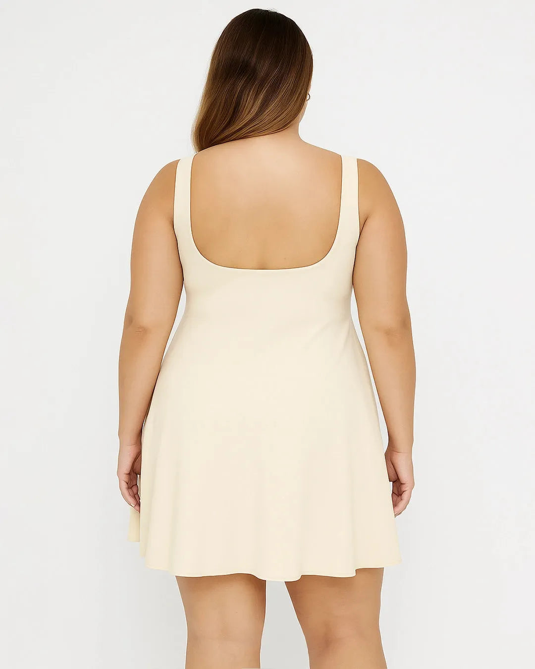 Square Neck Solid Pleated Cami Off-White Mini Dress Curve & Plus