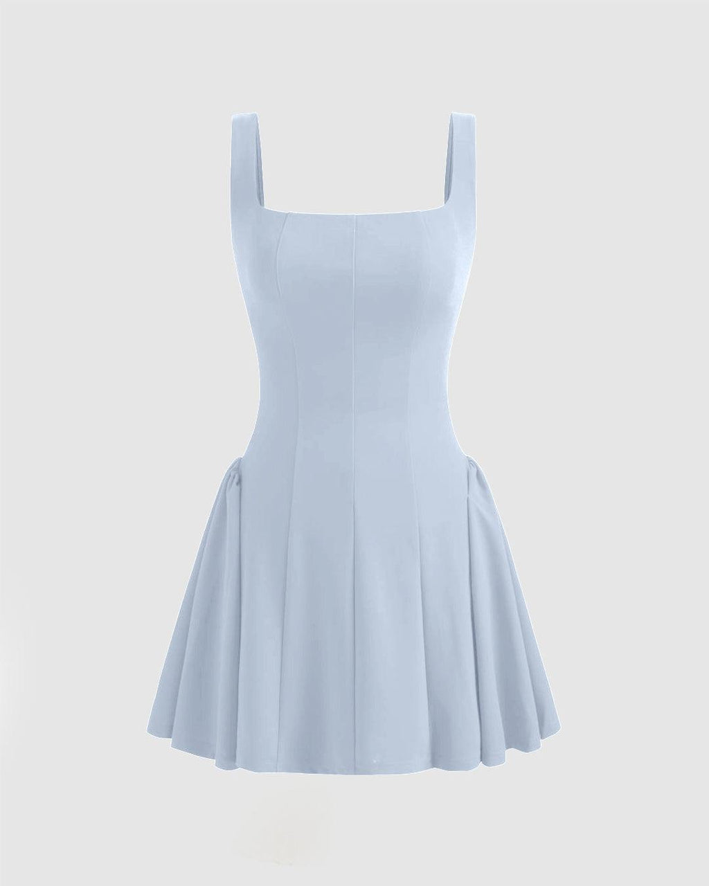 Square Neck Solid Pleated Mini Dress In Blue