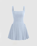 Square Neck Solid Pleated Mini Dress In Blue