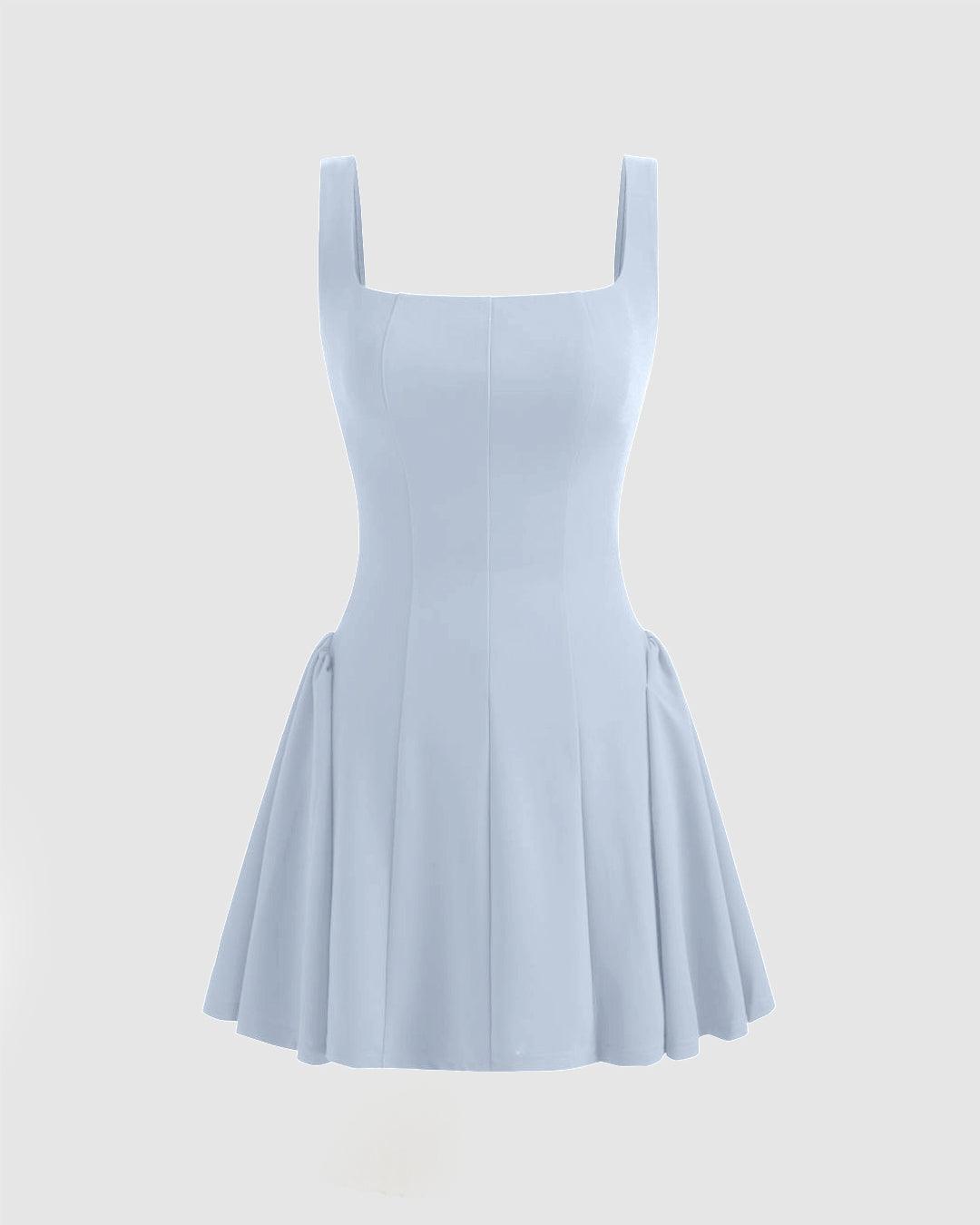 Square Neck Solid Pleated Mini Dress In Blue