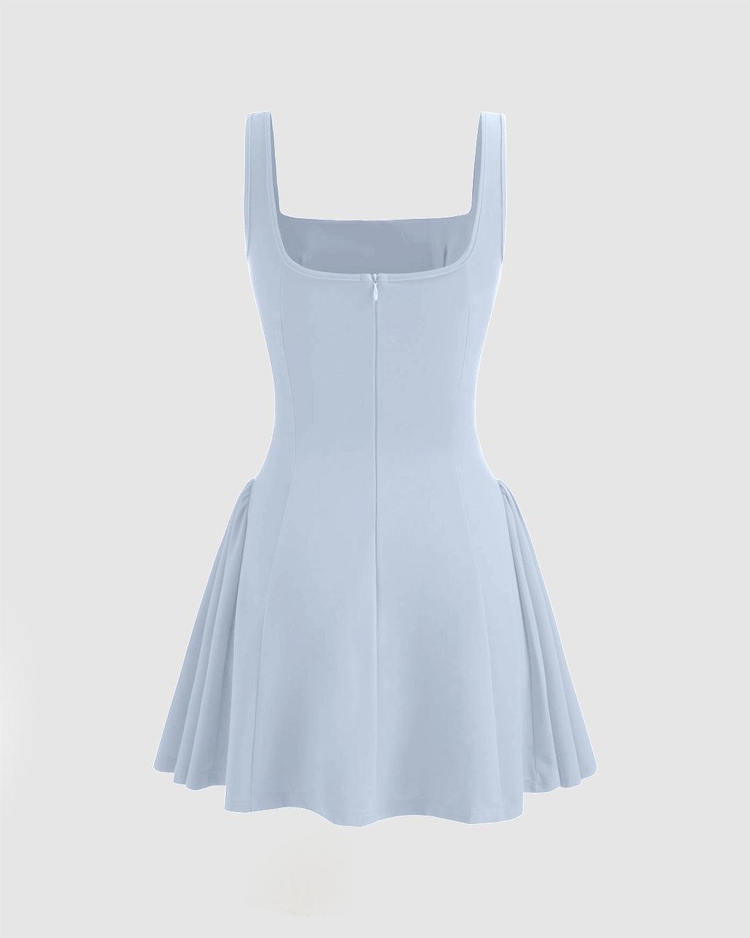 Square Neck Solid Pleated Mini Dress In Blue