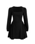 Square Neck Solid Pleated Ruffle Zipper Black Mini Dress