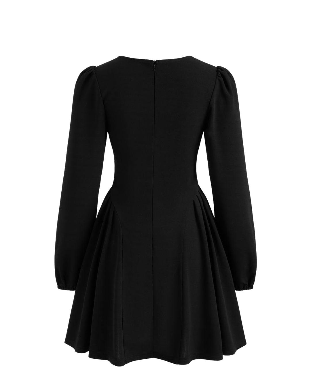 Square Neck Solid Pleated Ruffle Zipper Black Mini Dress