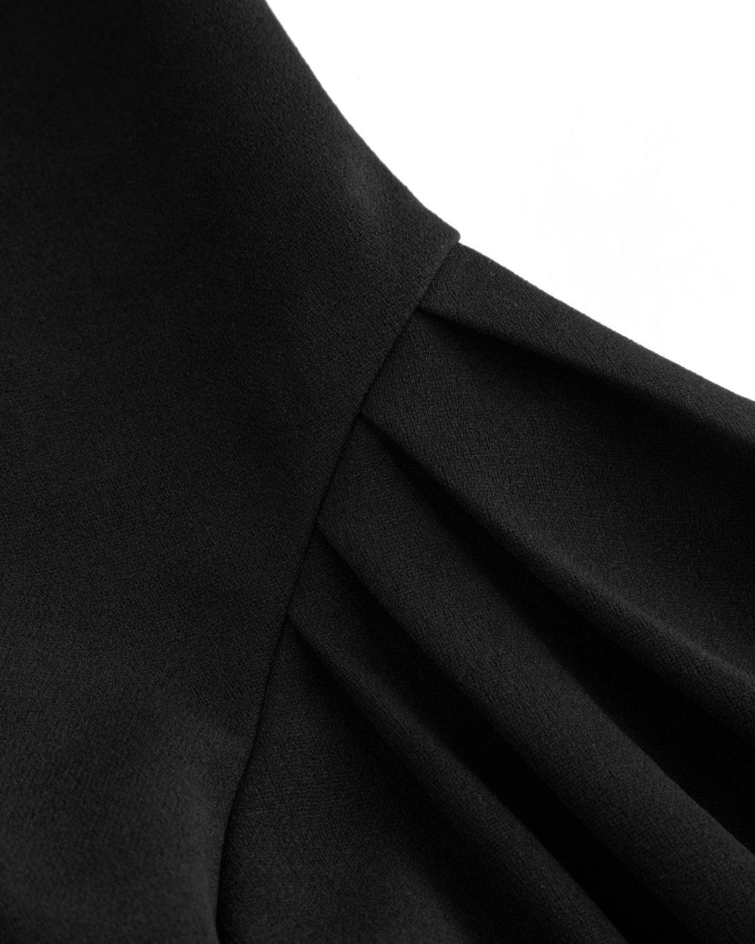 Square Neck Solid Pleated Ruffle Zipper Black Mini Dress
