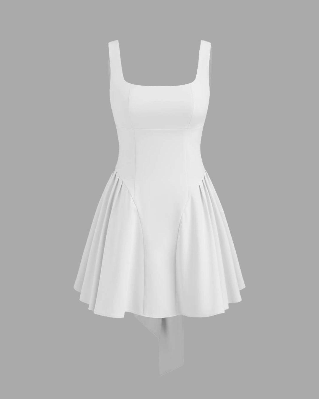Square Neck Solid Ruffle Pleated Knotted Mini Dress