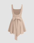 Square Neck Solid Ruffle Pleated Knotted Mini Dress In Peach