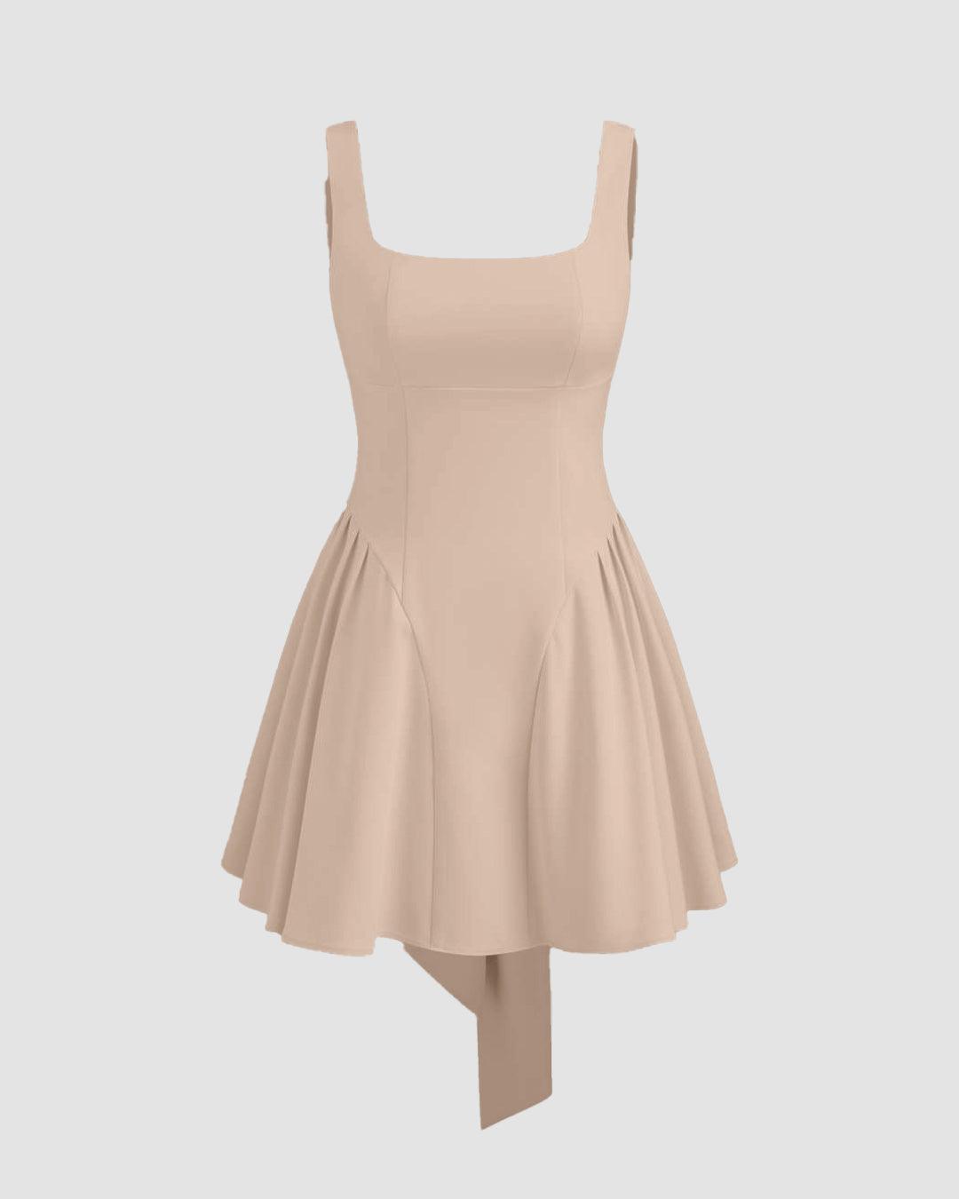 Square Neck Solid Ruffle Pleated Knotted Mini Dress In Peach