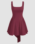 Square Neck Solid Ruffle Pleated Knotted Mini Dress in Maroon