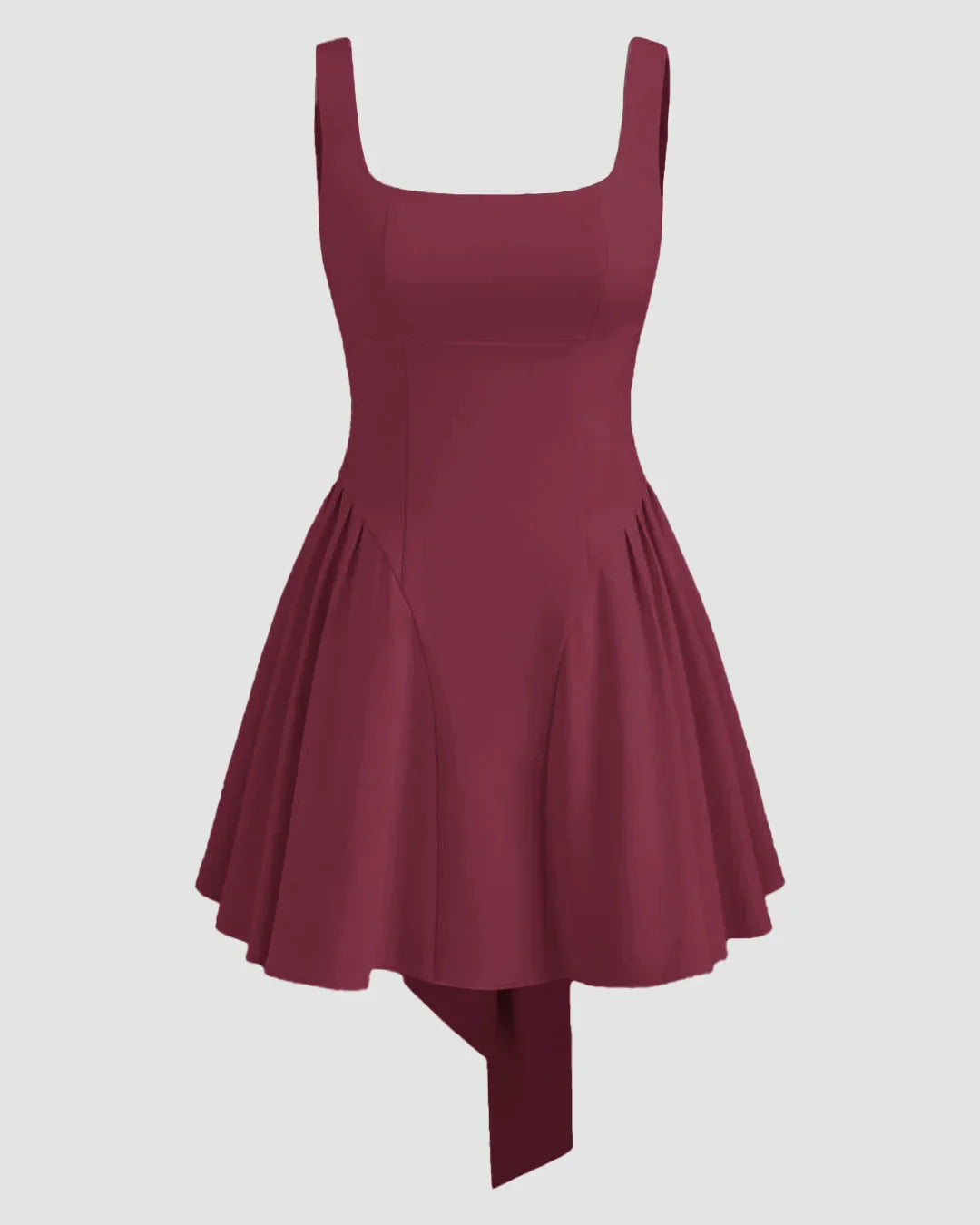 Square Neck Solid Ruffle Pleated Knotted Mini Dress in Maroon
