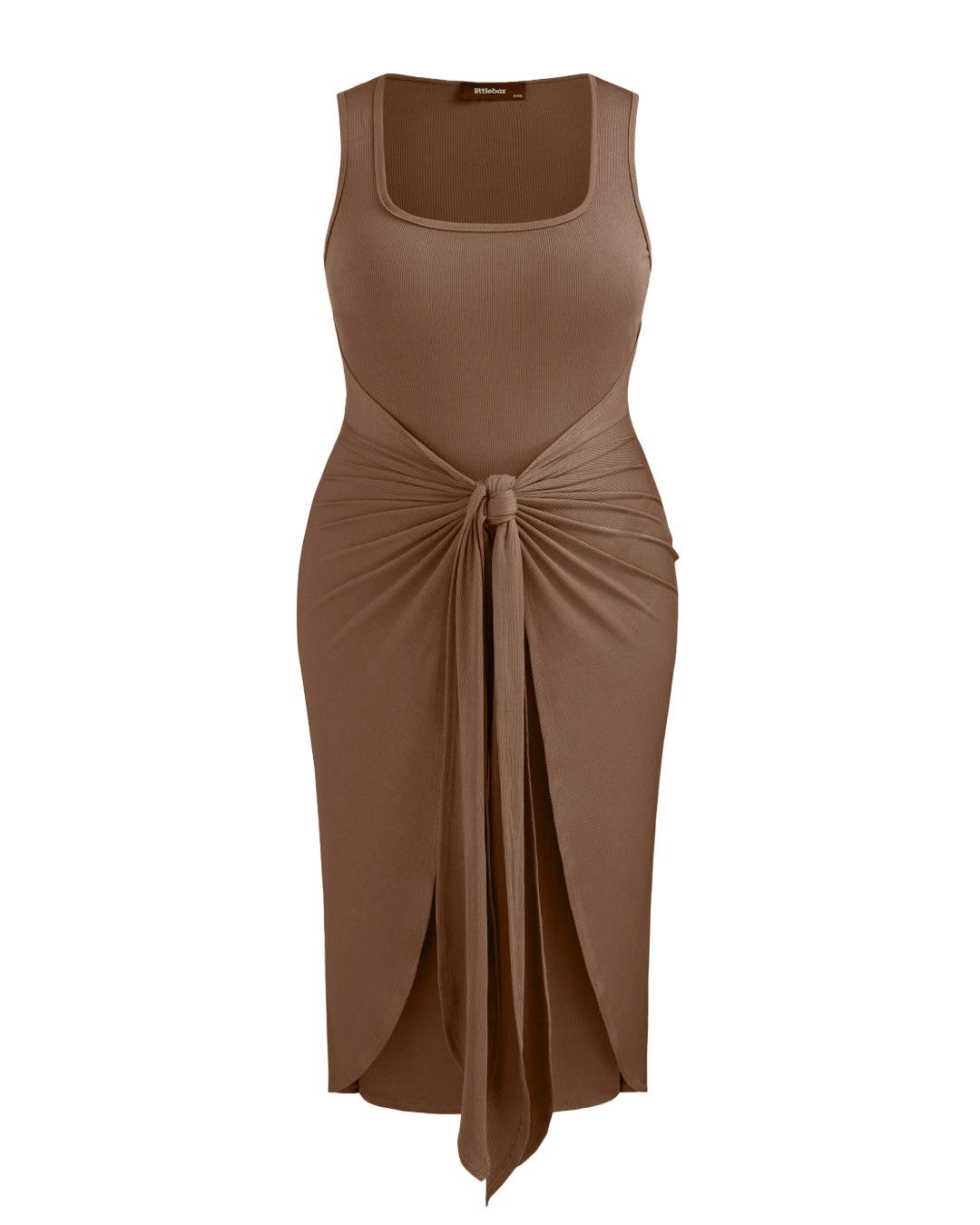 Square Neck Solid Twist Knotted Brown Maxi Dress Curve & Plus