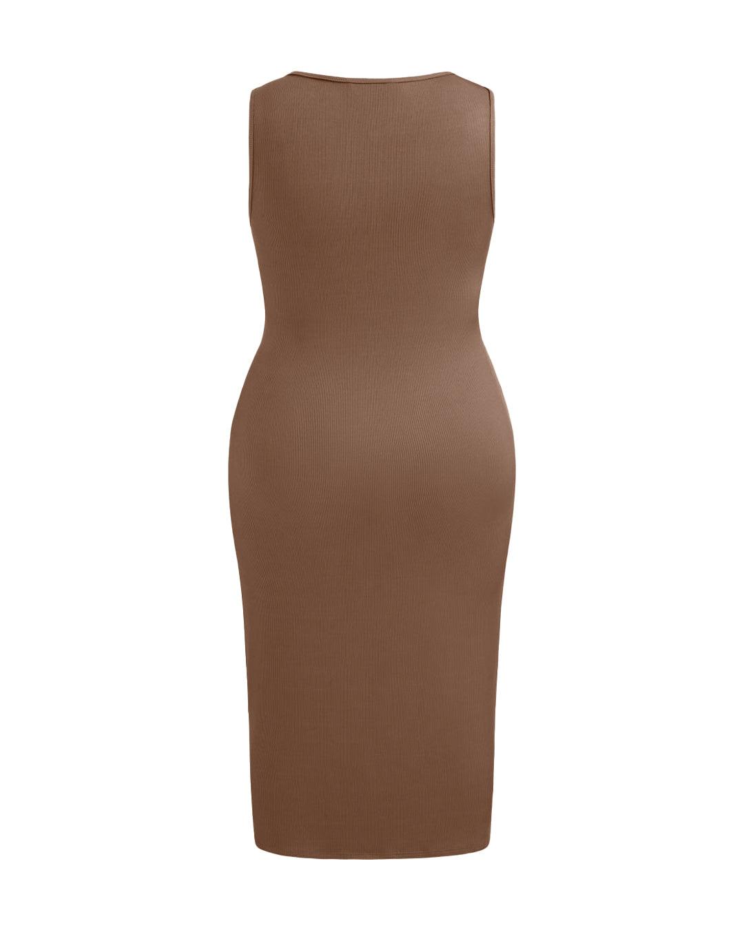 Square Neck Solid Twist Knotted Brown Maxi Dress Curve & Plus